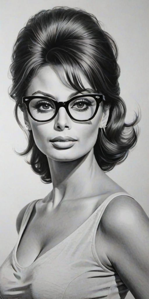 Beautiful Sophia Loren, pencil sketch, portrait of beautiful woman 60s in glasses, hair style beatnik, outline, clear lines, fine lines, 8k