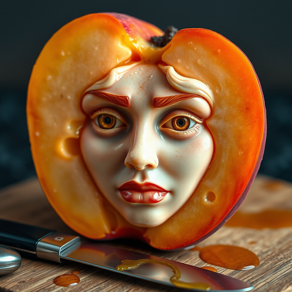 A hyperdetailed photorealistic macro color saturated high resolution image of a peach cut in half, with the peach pit being a highly detailed sculpted woman's face with her eyes open and peach-colored irises. The face has a marble texture. The image includes condensation, moisture, and peach juice. The peach is on a wooden cutting board with a small fruit knife nearby, also covered with juice.
