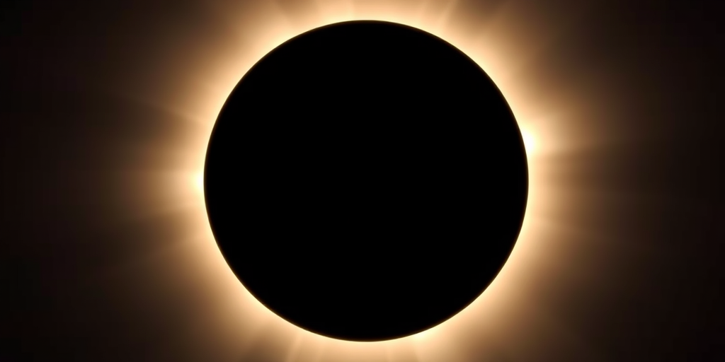 Generate an image of a total solar eclipse with a black circular silhouette of the moon covering the sun, a glowing corona effect in the background, captured with a DSLR camera using a 50mm lens, f/8 aperture, ISO 100, 1/500s shutter speed, in a panoramic view.