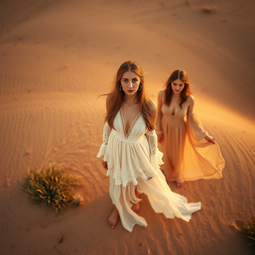 Desert setting, bohemian model, flowy dresses, earthy tones, rustic sunset effect,  equipped with a 12mm lens to capture an overhead view of the model, emphasizing symmetry and spatial positioning