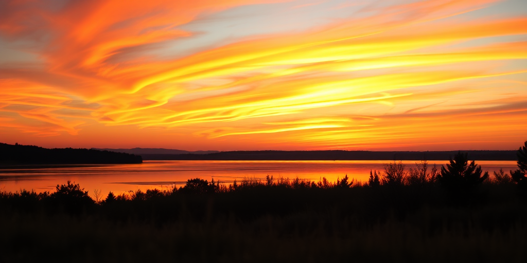Capture a vibrant sunset over a tranquil lake with reflections on the water, using a Canon EOS 5D Mark IV, aperture f/8, shutter speed 1/125 sec, ISO 100, wide-angle lens 24mm, shot from a low vantage point to emphasize the foreground.