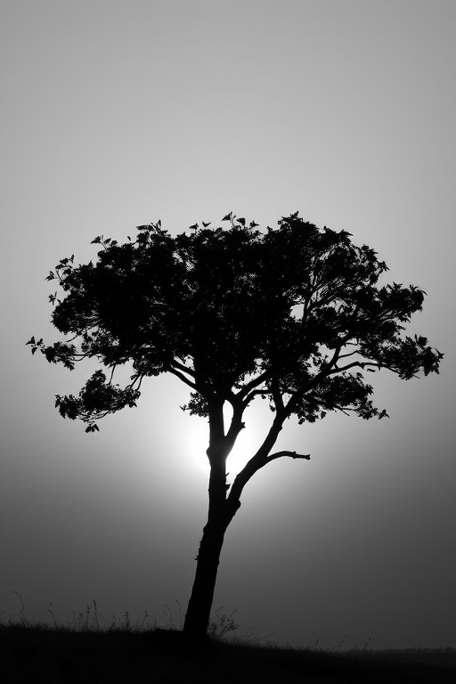 Create a high-resolution monochrome image of a stylized tree silhouette against a sunset background using a Canon EOS R5, ISO 100, f/8 aperture, 1/250 second shutter speed, wide-angle view, and natural lighting for enhanced clarity and detail.