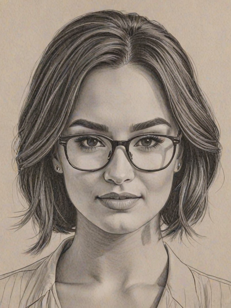 Magnificent Demi Lovato, pencil sketch, portrait of Lovely woman 1939s in glasses, hair style beatnik, outline, clear lines, fine lines, 8k