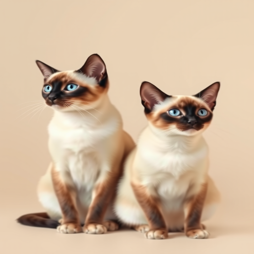 Create a highly detailed illustration of two Siamese cats sitting side by side against a soft beige background, captured in a high-resolution digital format with a 50mm lens, f/2.8 aperture, 1/250s shutter speed, with a shallow depth of field to enhance the focus on the cats while softly blurring the background, adopting a realistic yet artistic style.