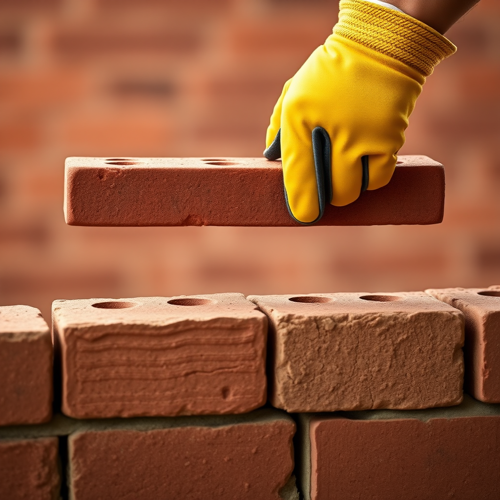Generate an image of a hand wearing a yellow glove placing a brick on top of a partially constructed brick wall. The background should feature a warm, softly lit environment, highlighting the texture of the bricks and the hand's action.
