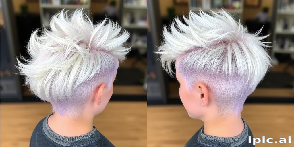 Platinum blonde pixie with lavender shadow roots, styled in spiky texture, called "Ice Queen's Crown" hair, featuring frosted tips and a jagged silhouette