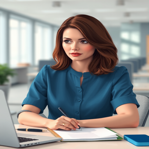 Create a digitally illustrated image of a woman with medium-length brown hair, wearing a blue blouse while sitting at a desk with a notebook, holding a pen thoughtfully, in a modern office setting with soft lighting, using a DSLR camera with a 50mm lens, f/2.8 aperture, ISO 100, and a portrait orientation for a sharp focus and vibrant colors.