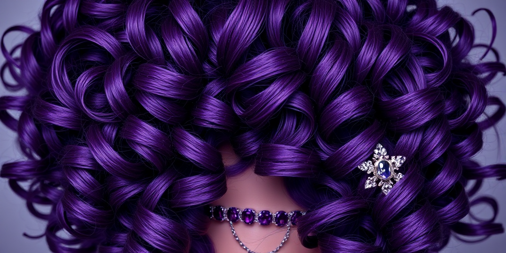 Regal deep purple curls cascading in voluminous ringlets, adorned with glittering amethyst jewels, creating a look fit for royalty called "Imperial Amethyst"
