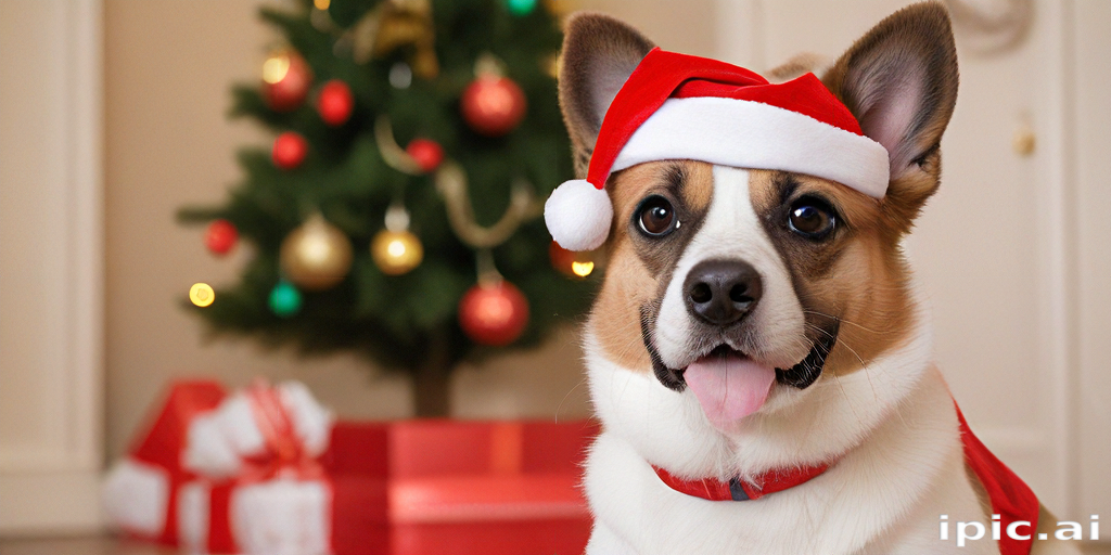 A Festively Dressed Dog in a Santa Hat Near a Christmas Tree