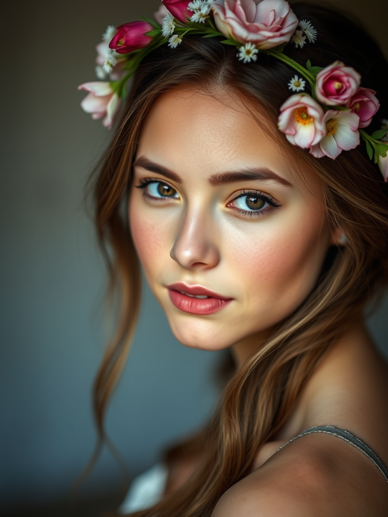portrait of a young woman with a floral crown, soft lighting, high resolution, 85mm lens, f/1.8 aperture, shallow depth of field, soft focus background, natural light, DSLR camera