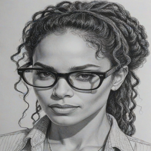 Alluring Lisa Bonet, pencil sketch, portrait of Dazzling woman 1973s in glasses, hair style beatnik, outline, clear lines, fine lines, 8k