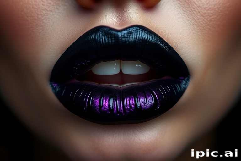Dramatic black ombre lips fading into deep purple, metallic finish adding dimension and intrigue, unconventional yet mesmerizing in their artistic appeal