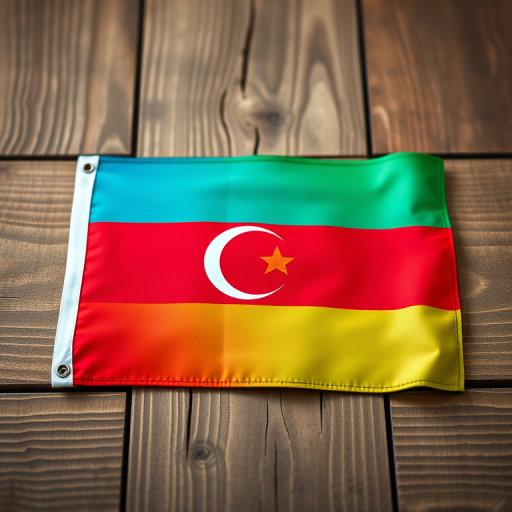 Create a high-resolution image of the Azerbaijan flag on a textured wooden background, using a 50mm lens at f/8, ISO 100, with a shallow depth of field and natural lighting, capturing vibrant colors and fine details in a frontal view.