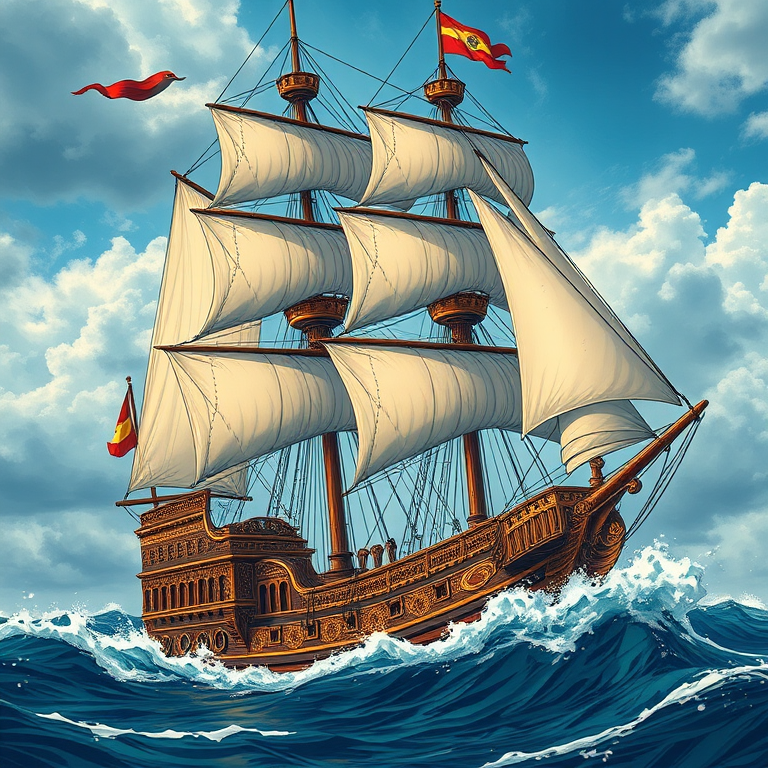 a detailed illustration of an ornate sailing ship in a dynamic sea setting, captured with a Canon EOS R5, 50mm lens, f/1.8 aperture, ISO 100, 1/200 sec shutter speed, high dynamic range, in a vibrant color palette, emphasizing textures and intricate designs of the ship's sails and rigging
