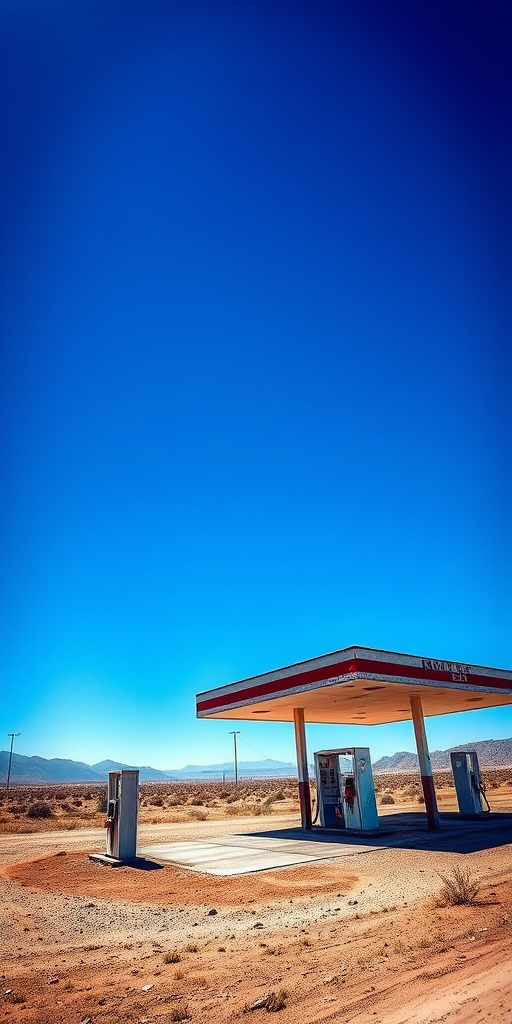 abandoned gas station in a desolate landscape under clear blue skies, harsh sunlight creating deep shadows, wide-angle lens, f/8 aperture, ISO 100, 1/125 sec shutter speed, DSLR camera, vibrant colors and high detail