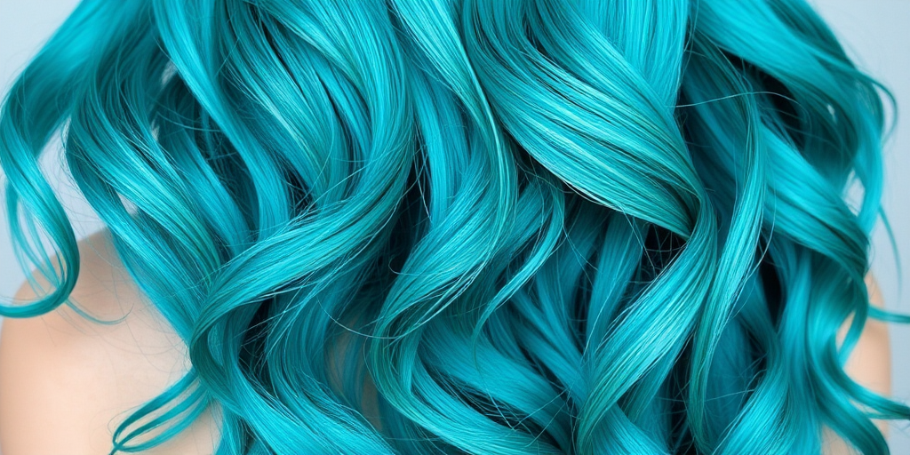Vibrant teal mermaid waves cascade down to the waist, shimmering with iridescent highlights and styled in loose beachy curls, exuding an ethereal and enchanting aura