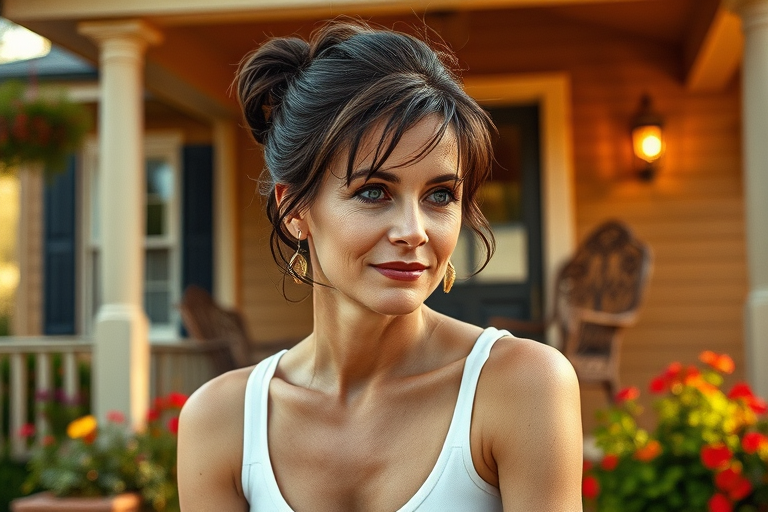 A photo of Jodie Foster with a background of a cozy porch. She has dark hair pulled back in an updo, with tendrils framing her face. She wears a white tank top and sits on the porch. The porch is part of a well-lit home with a warm, earthy tone and colorful flowers and foliage. The overall scene has a warm, welcoming, and comfortable ambiance.