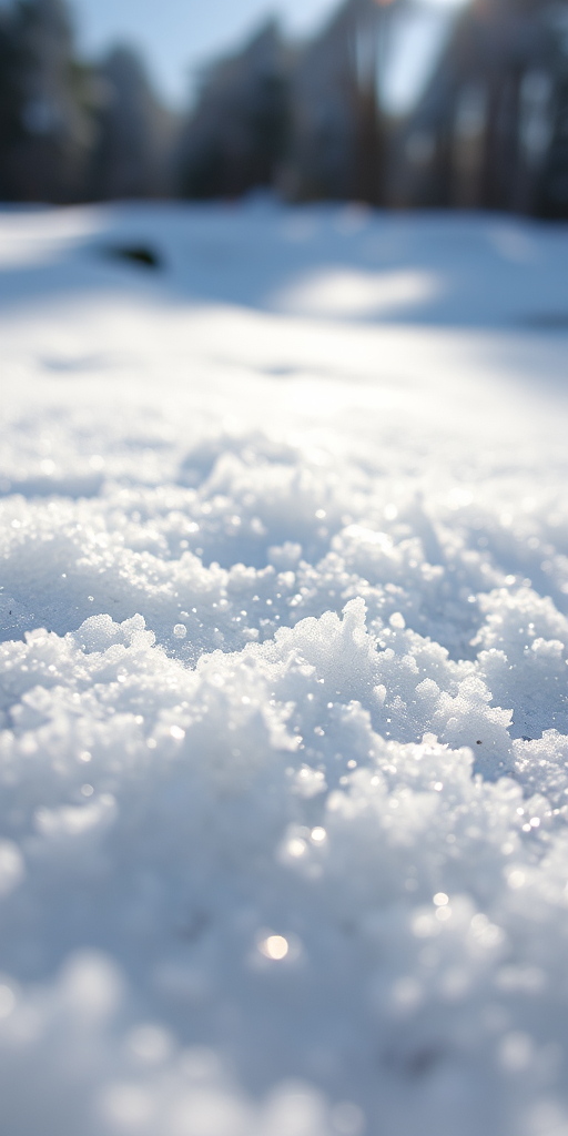 close-up of fresh snow covering the ground, capturing sparkling crystals in sunlight, shallow depth of field, ISO 100, f/2.8, 1/500 sec, macro lens, DSLR camera, natural light