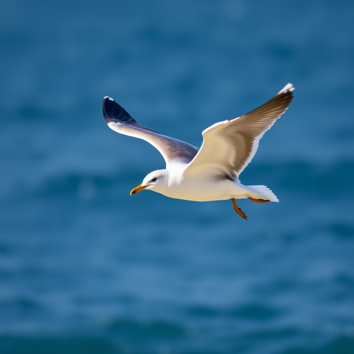 A seagull in flight against a blurred blue ocean background, captured with a Canon EOS 5D Mark IV, 100mm lens, f/2.8 aperture, ISO 100, shutter speed 1/2000 seconds, from a low angle to emphasize the wings.