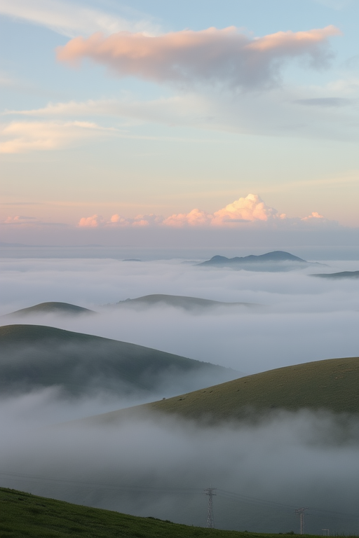 capture a misty landscape with rolling hills shrouded in fog at sunrise with soft pastel clouds in the sky, 50mm lens, f/8 aperture, ISO 100, 1/200 sec exposure, wide-angle view, DSLR camera, high dynamic range for enhanced colors and details