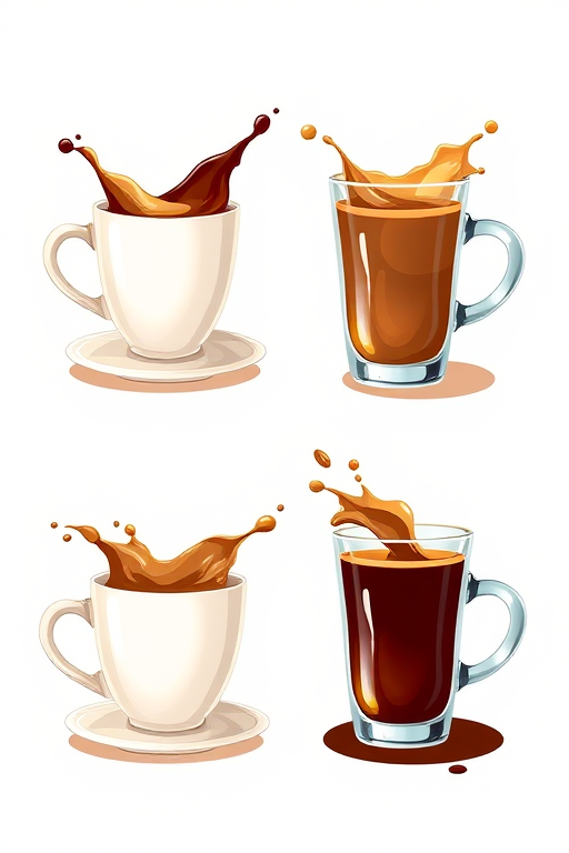 Create a high-resolution illustration of four coffee-themed graphics showing cups and glasses with coffee splashes, using a DSLR camera with a 50mm lens, f/1.8 aperture, at ISO 100, 1/200s shutter speed, in a bright natural light setting for enhanced details and vibrant colors.
