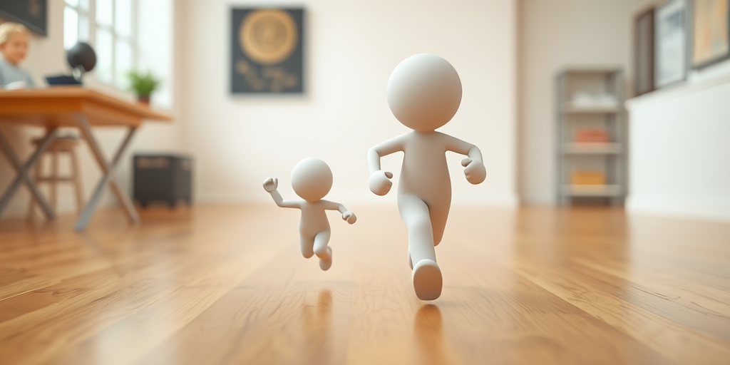 Create an image of two stylized 3D figures, one smaller and one larger, joyfully running towards the viewer, using a digital camera with a focal length of 35mm, aperture set to f/8, ISO 100, with a shallow depth of field for enhanced clarity, in a well-lit, bright environment.