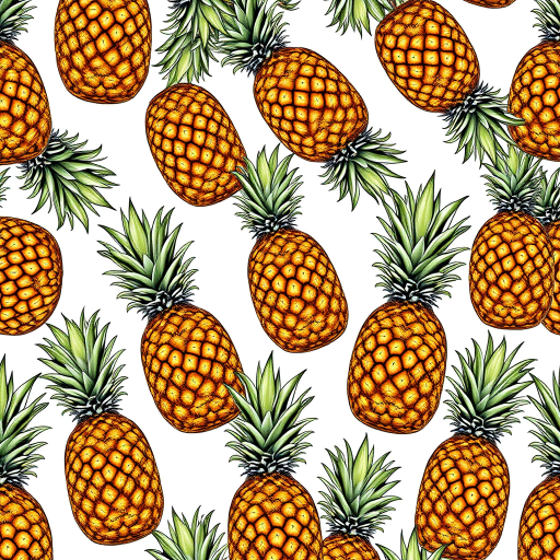 Create a detailed illustration of pineapples in a repeating pattern on a white background, using a high-quality digital drawing technique, with a focus on sharp lines and shading, shot with a Canon EOS R5 camera using a 50mm f/1.2 lens, aperture set to f/8 for depth of field, at a resolution of 300 dpi.