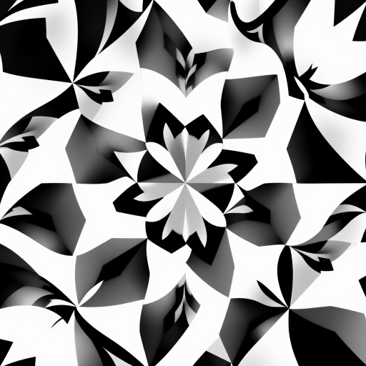 Generate an abstract black and white pattern with intricate geometric shapes using a DSLR camera at f/8, ISO 100, and a 50mm lens, shot from a top-down view in natural light, focusing on high contrast and sharp details.