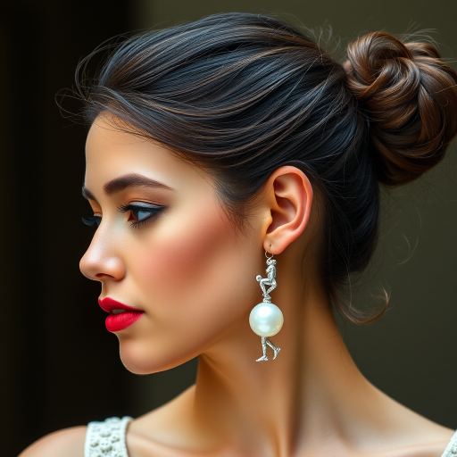 beautiful young lady with hair done up, and an exquisite pair of earings, made from mother of pearl, shimmering, and composed of different men in poses as he climbs up the long earing