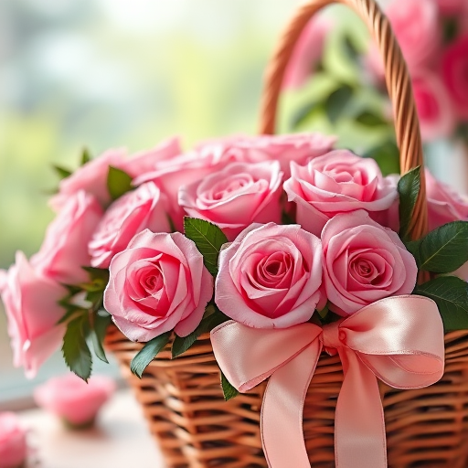 Create a vibrant and detailed illustration of a basket filled with pink roses, featuring a soft ribbon, using high-resolution digital art techniques, shot in macro view to capture intricate details, with a focus on natural light and a depth of field effect to enhance the visual appeal.