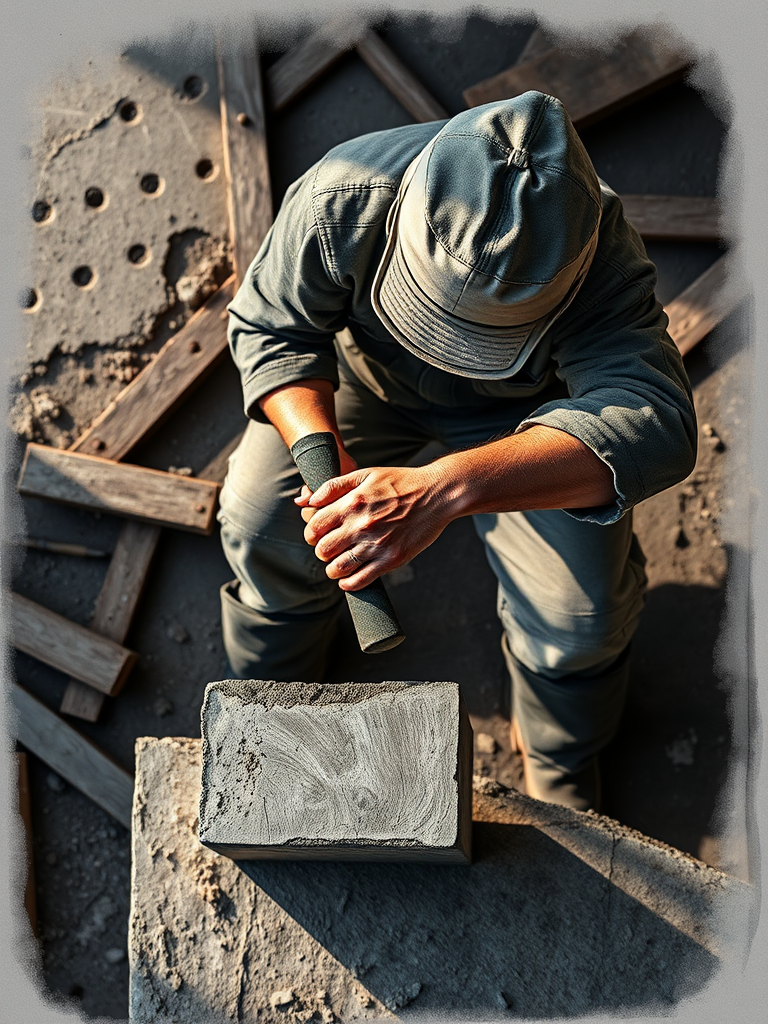 Generate a detailed sketch of a worker using a hammer on a block, captured with a Canon EOS R5, 50mm lens, f/2.8 aperture, ISO 100, in natural light, top-down view.