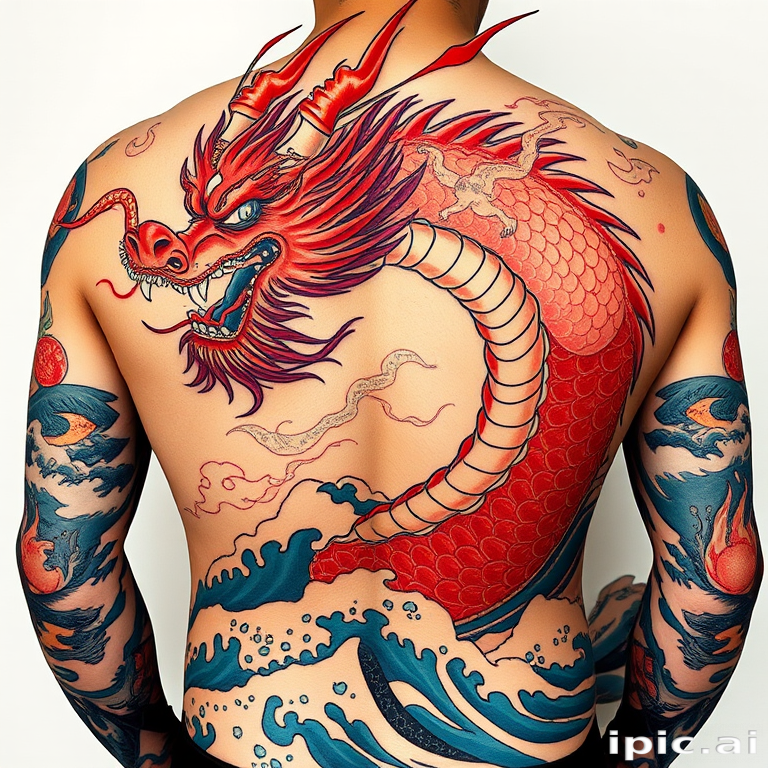 Irezumi-inspired full back tattoo of a fierce dragon emerging from crashing waves, featuring vibrant colors and traditional Japanese motifs blended with modern tattooing techniques