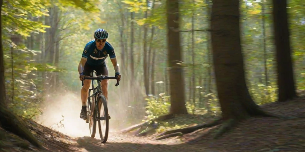 Blurry action photo of a cyclist speeding through a forest trail, leaves and branches blurring in motion, with soft sunlight filtering through the canopy and dust rising from the trail.