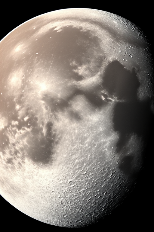 Create a highly detailed digital illustration of the moon, showcasing its surface features with intricate textures, rendered in high resolution with a Canon EOS 5D Mark IV, using a 50mm lens at f/1.8, shot from a low-angle perspective, with soft diffused lighting to enhance depth and clarity.