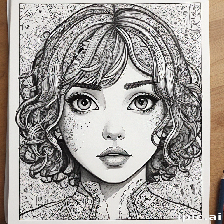 A Detailed Sketch of a Young Woman with Curly Hair and Expressive Eyes.