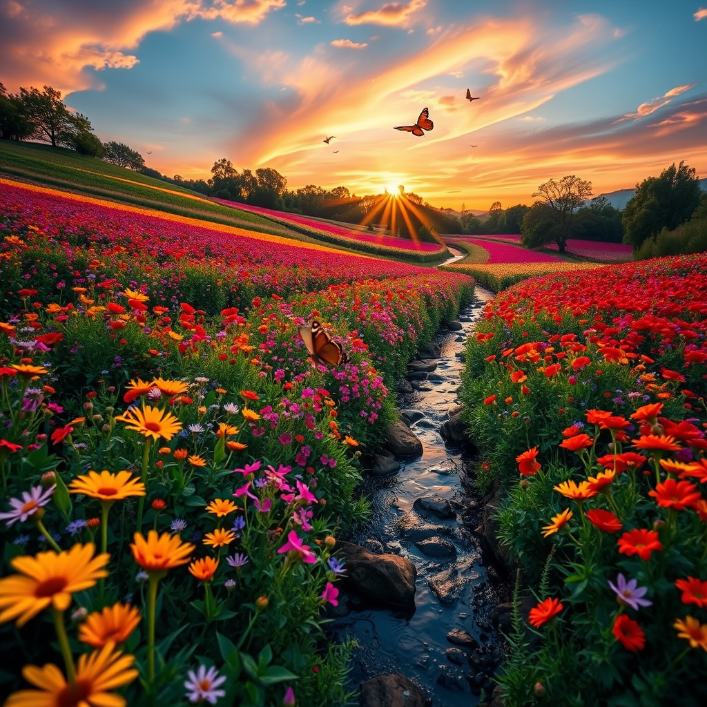 regenerate a vibrant landscape at sunset featuring colorful fields of flowers, butterflies fluttering, and a tranquil stream, captured with a Canon EOS R5, 24mm lens, f/8 aperture, ISO 100, in a wide-angle shot with soft focus on the foreground for depth.