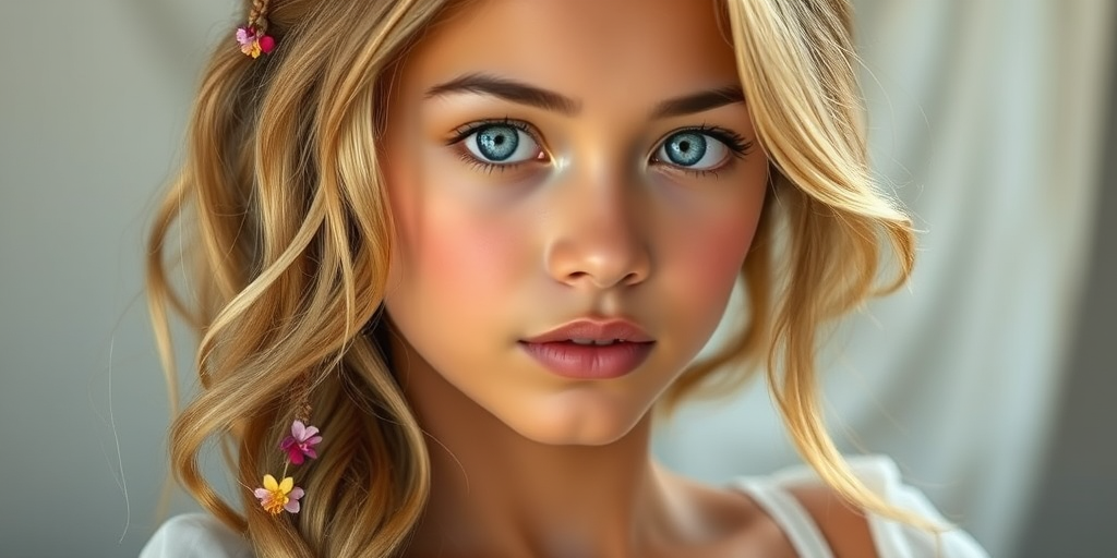 Create an image of a young Cambodian woman with long, wavy blonde hair, adorned with small, colorful flowers woven into her braids and loose strands. Her complexion is fair, with soft, glowing skin, and she has light blue eyes that gaze softly at the viewer. She wears a light, flowing dress with a gentle, ethereal quality, complementing her delicate and serene appearance. The background is slightly blurred, drawing focus to her tranquil expression and the intricate details of the flowers in her hair. The overall mood of the image is one of natural beauty and grace, evoking a sense of peacefulness and connection with nature.