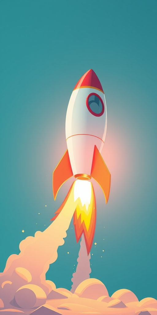 Create a high-resolution illustration of a cartoon rocket launching with bright flames, captured in 4K resolution using a DSLR camera with a 50mm lens, f/2.8 aperture, ISO 100, and a slight overhead view to emphasize the dynamic motion.