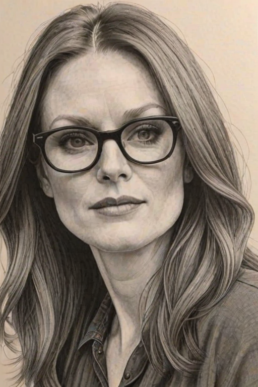 Lovely Julianne Moore, pencil sketch, portrait of Superb woman 1941s in glasses, hair style beatnik, outline, clear lines, fine lines, 8k