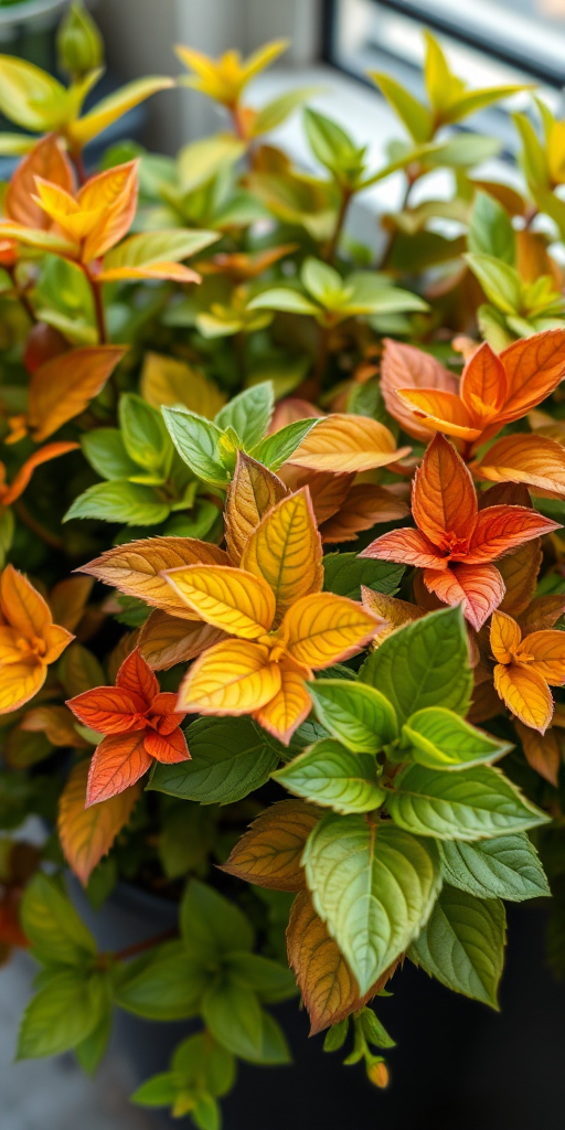 A lush, vibrant potted plant with a variety of green, orange, and red leaves, captured in natural light with a shallow depth of field, 50mm lens at f/2.8, ISO 100, shot from a slightly elevated angle to emphasize the foliage texture and color contrast.