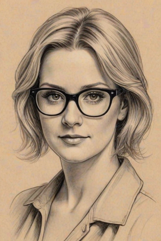 Comely Trisha Yearwood, pencil sketch, portrait of Splendid woman 1924s in glasses, hair style beatnik, outline, clear lines, fine lines, 8k