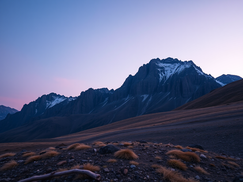 Generate a high-quality image of a minimalist mountain landscape at twilight with soft gradient colors in the sky, using a Canon EOS R camera, 35mm lens, f/2.8 aperture, ISO 100, and a low-angle perspective.