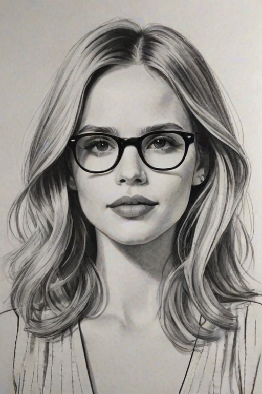 Magnificent Halston Sage, pencil sketch, portrait of Wonderful woman 1931s in glasses, hair style beatnik, outline, clear lines, fine lines, 8k