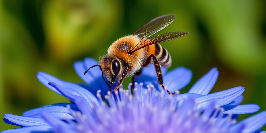 Close-up shot of a bee on a bright blue flower with green background, 50mm lens, f/2.8 aperture, ISO 100, 1/200 sec shutter speed, natural lighting, macro photography, DSLR camera.