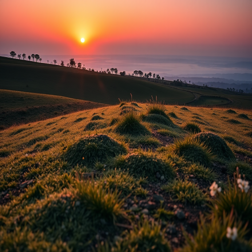Generate a high-resolution image of a serene landscape at sunrise, with soft golden light illuminating the scene, using a Canon EOS R5 camera, 24mm lens, aperture f/8, ISO 100, and a low-angle perspective for enhanced depth.