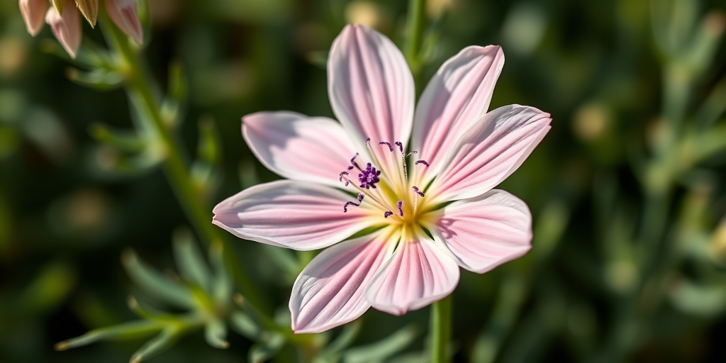 High-resolution botanical illustration of a flax flower with detailed petals and leaves, natural lighting, macro lens, f/2.8 aperture, 50mm focal length, digital camera.