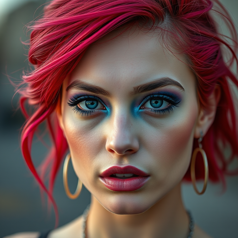 regenerate an image of a model with striking red and blue hair and bold makeup, captured in a close-up portrait with a shallow depth of field using a Canon EOS R5, 85mm f/1.2 lens, natural lighting, and a soft focus background to enhance clarity and detail.