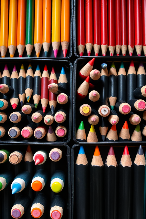 high-resolution image of a neatly organized set of colored pencils in black cases, top-down view, natural lighting, ISO 200, f/4, 1/60 sec, macro lens, DSLR camera
