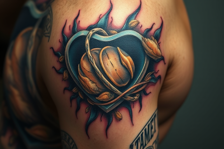 Realistic 3D tattoo titled "Illusion of Depth" creating a trompe l'oeil effect with hyperrealistic textures and shadows giving the appearance of objects emerging from or sinking into the skin