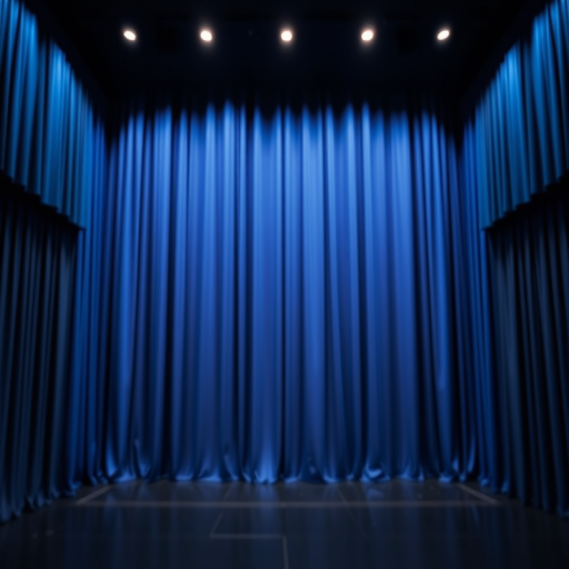 photograph of a theater stage with blue curtains drawn, soft focus, aperture f/2.8, shutter speed 1/60s, ISO 100, shot with a DSLR camera, frontal view, shallow depth of field, natural lighting
